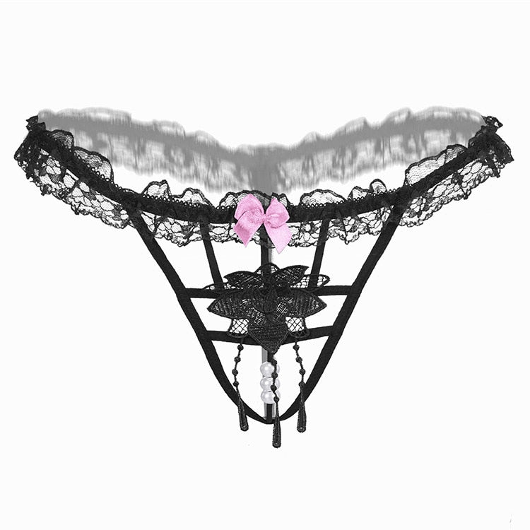 Pearl Massage Sexy Thong Hot Lace Embroidery Transparent Panties Women Sexy Lingerie Low Waist Hollowed Out T-back Femme Tangas
