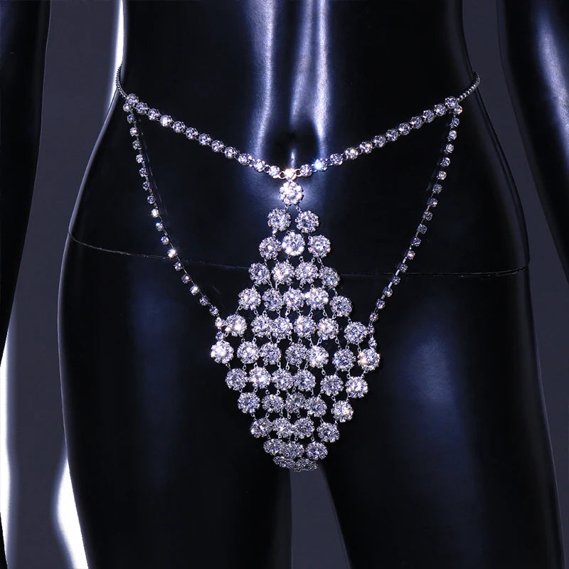 Greek Angel Crystal Mesh Thong Jewelry Body Harness Woman Shining Rhinestone Bikini Rave Accessories Panties Chains Festival