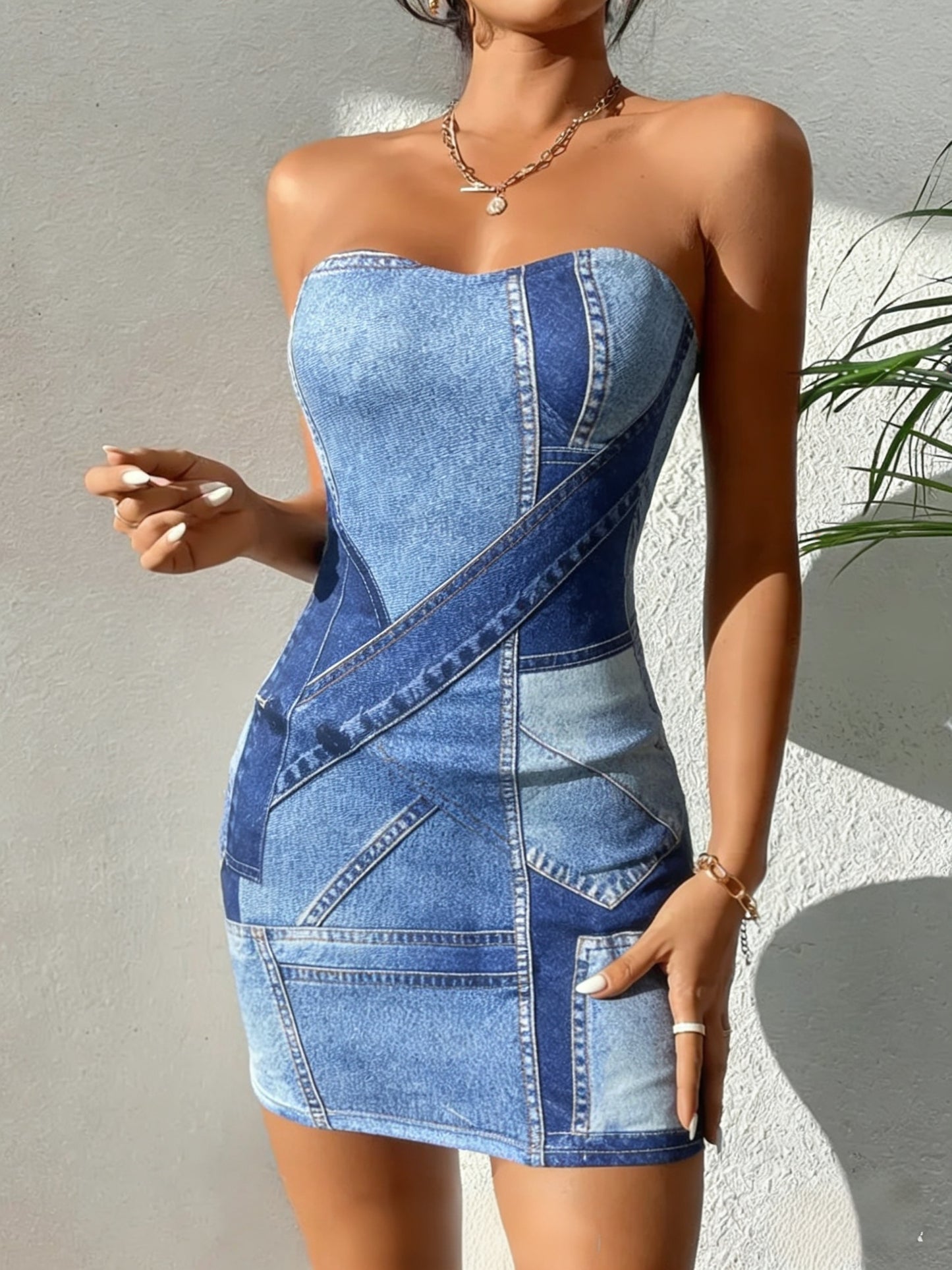 Siamese Cat Directional Print Denim Patchwork Dress Summer Outfit Women Casual Streetwear Clothes