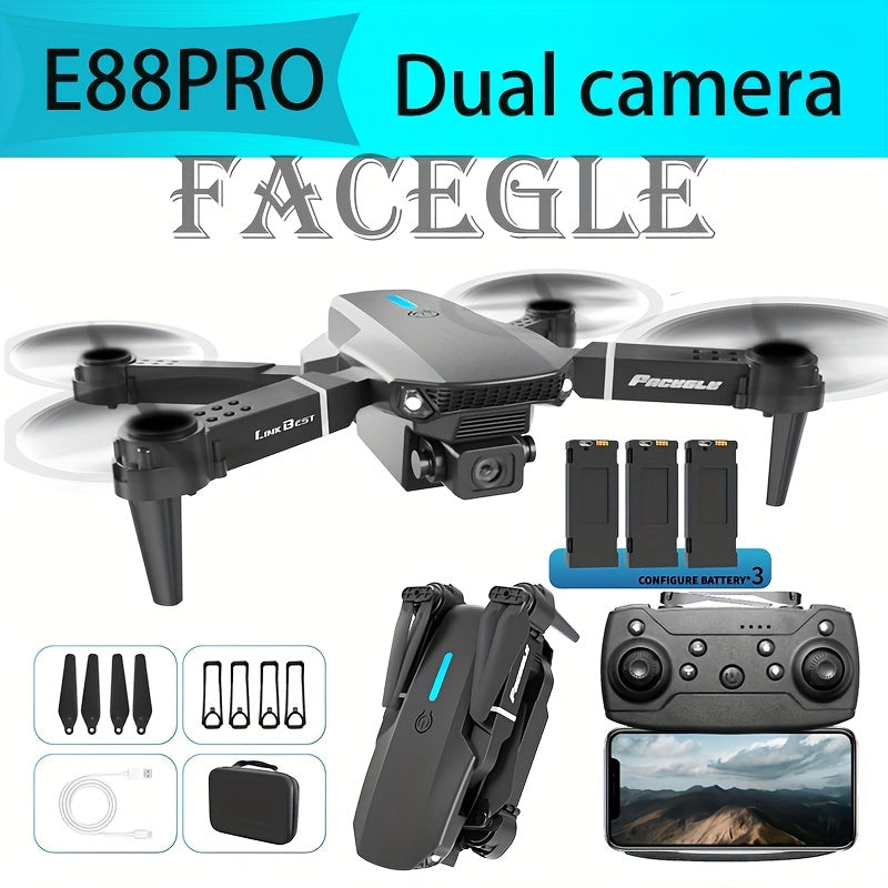 E88 Pro! Featuring a Foldable Design, Compact And Lightweight, Available in Two Minimalist Colors: Black And Gray, Along with a Sturdy Build. It Has Dual 480P Cameras And Remote Control Operation