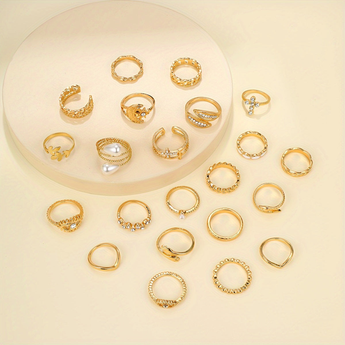 22 PCS Set Stylish Vintage Rings Featuring Leaves, Eyes, Moons, Crosses, Rhinestones, And Faux Pearls, Perfect for Parties, Dates, And Everyday Wear