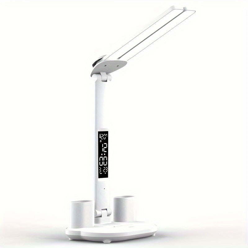 NEW Dual-head LED desk lamp with smart display screen, adjustable brightness and 3 color modes, touch operation, built-in pen holder, foldable design, USB power supply, eye protection technology for reading, suitable for bedr