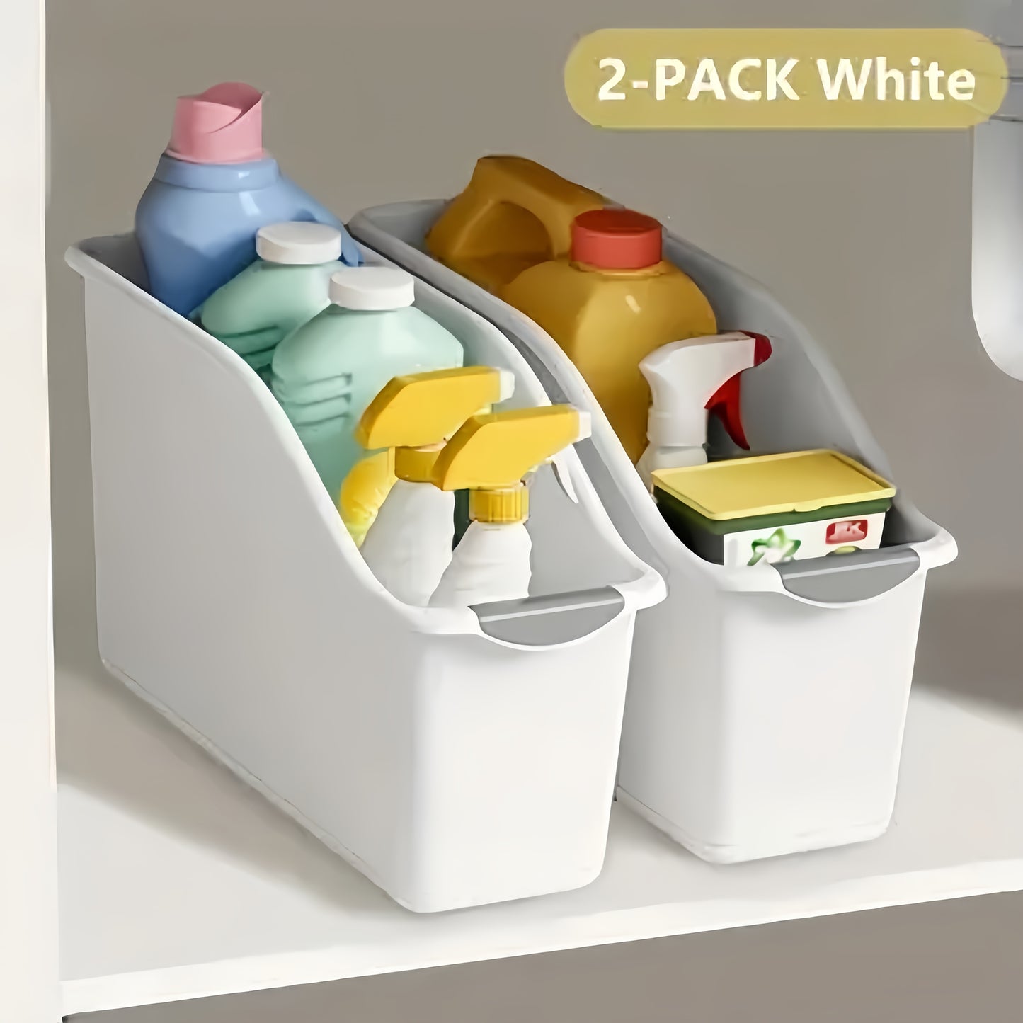 2 PCS Set Curved Design Storage Boxes - Heavy-Duty Plastic Organizer, White Space-Saving Container for Under Sink, Pantry & Cabinet Organization - Suitable for Cleaning Supplies, Household Essentials & Kitchen/Bathroom Storag