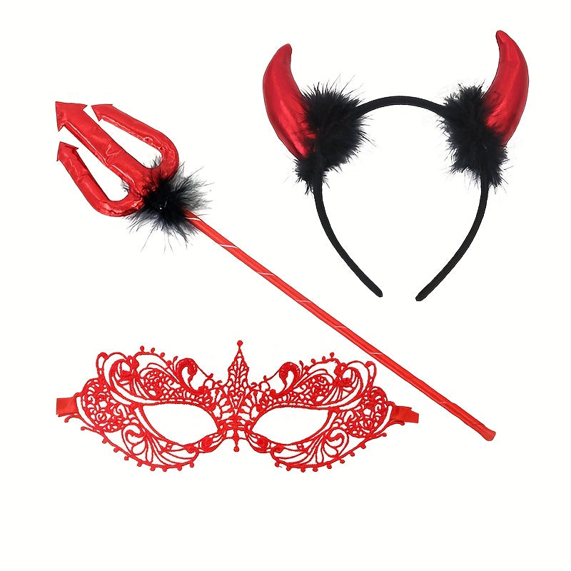 3 PCS Set Halloween Little Devil Wand Devil Horn Headband Performance Dance Party Props, Costume Accessory Set, Halloween Party Props, Halloween Headband Prop, Devil Wand And Horns, Little Devil Aesthetic, Costume-Inspired Pr