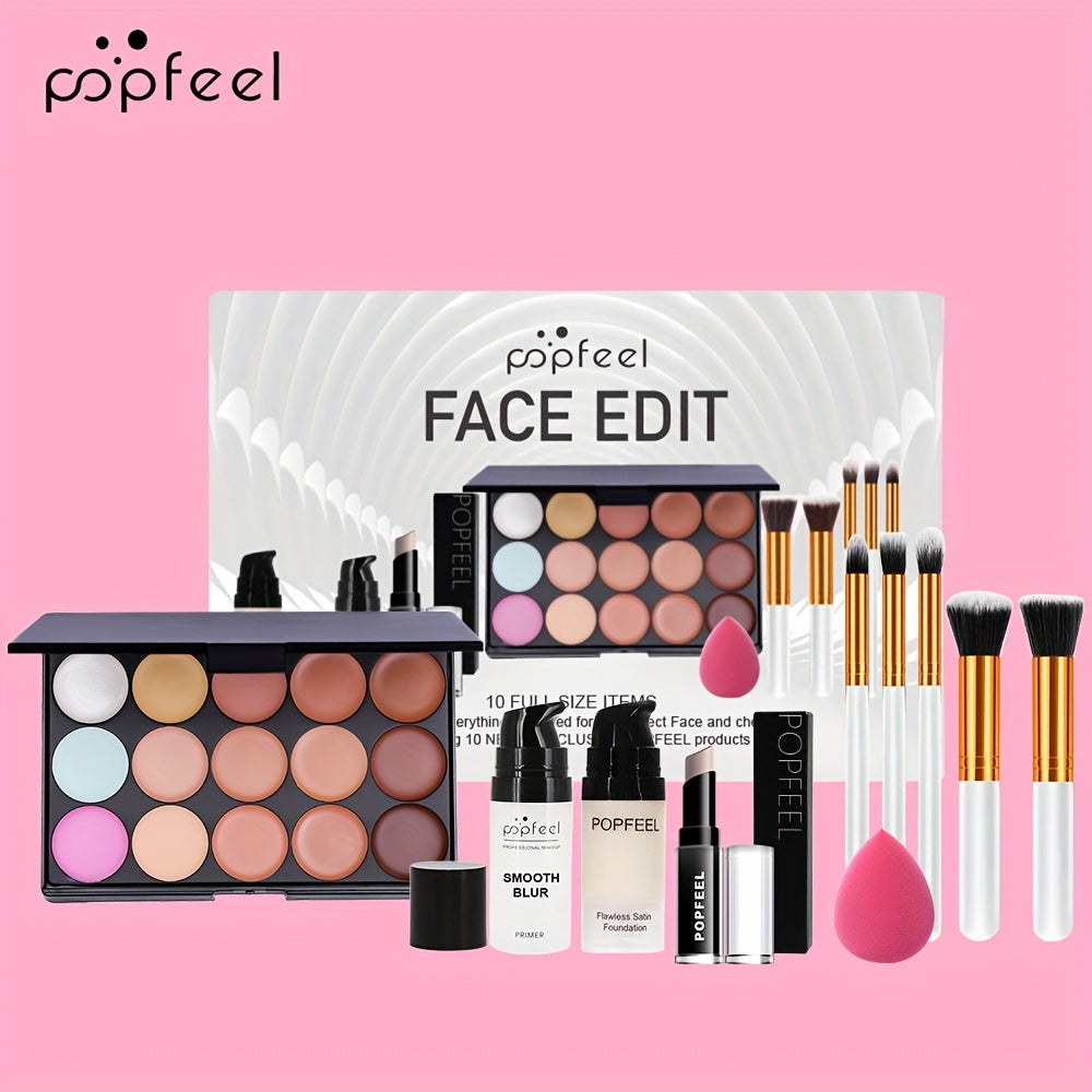 Complete Face Makeup Kit with Face Edit Palette - Waterproof & Sweatproof Long-Lasting Full Coverage, 12-in-1 All-in-One Palette with Primer, Foundation, Concealer, Powder, Blush, Contour, Highlighter, Bronzer, Eyeshadow, Li
