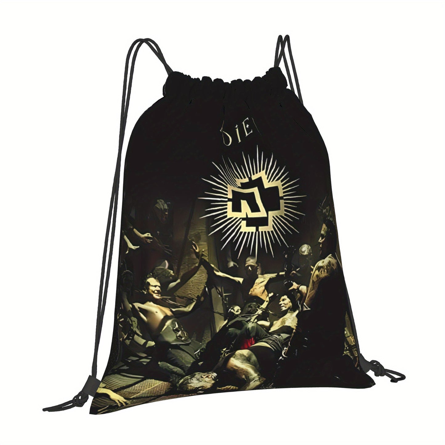 Gothic Skull Drawstring Bag - Durable Polyester Daypack with Multiple Compartments, Machine Washable, Black with Golden Crossed Swords and Bones Design for Gym, Sports & Everyday Us