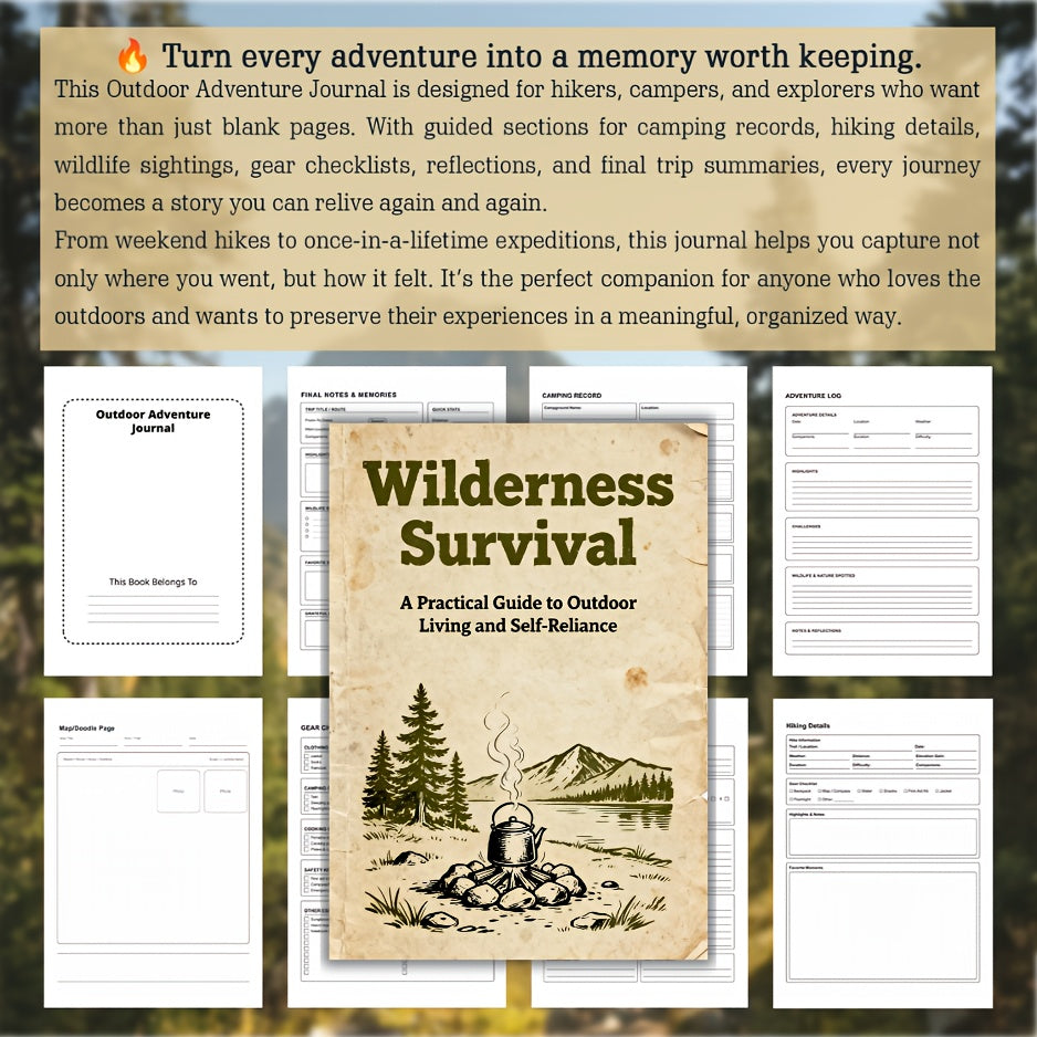 Wilderness Survival Journal for Camping, Hiking & Bushcraft – Outdoor Skills Bible with Fire-Making, Shelter Building, Water Purification, Hunting & Emergency Tips for Preppers & Nature Lovers