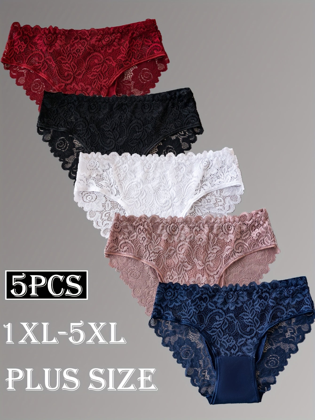 For Curvy Ladies UK XL-5XL (18-26) Plus Size 5 PCS Set Sexy Lace Panties, Comfortable and Breathable Mid-rise Underwear, Semi-transparent Lace Panels with Floral Prints, Perfect for Summer Beach Bikinis