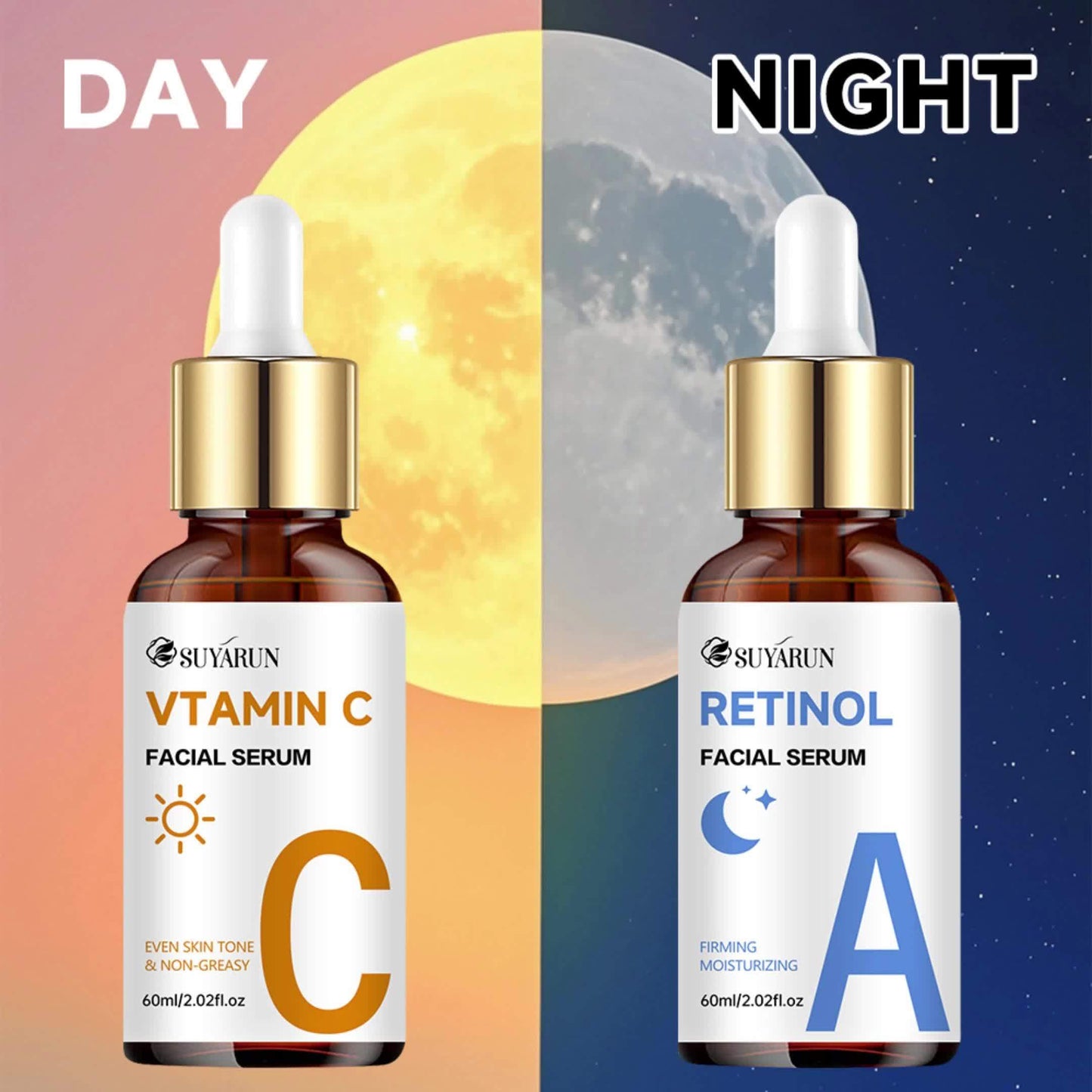 3 PCS Set 60ml Each Day & Night Vitamin C + Retinol + Hyaluronic Acid Triple Action Set, Enriched with Collagen, Aloe Vera, and Niacinamide, Brightens Complexion, Firms Skin, Deeply Hydrates, and Evens Light Beige. Gentle, Oi