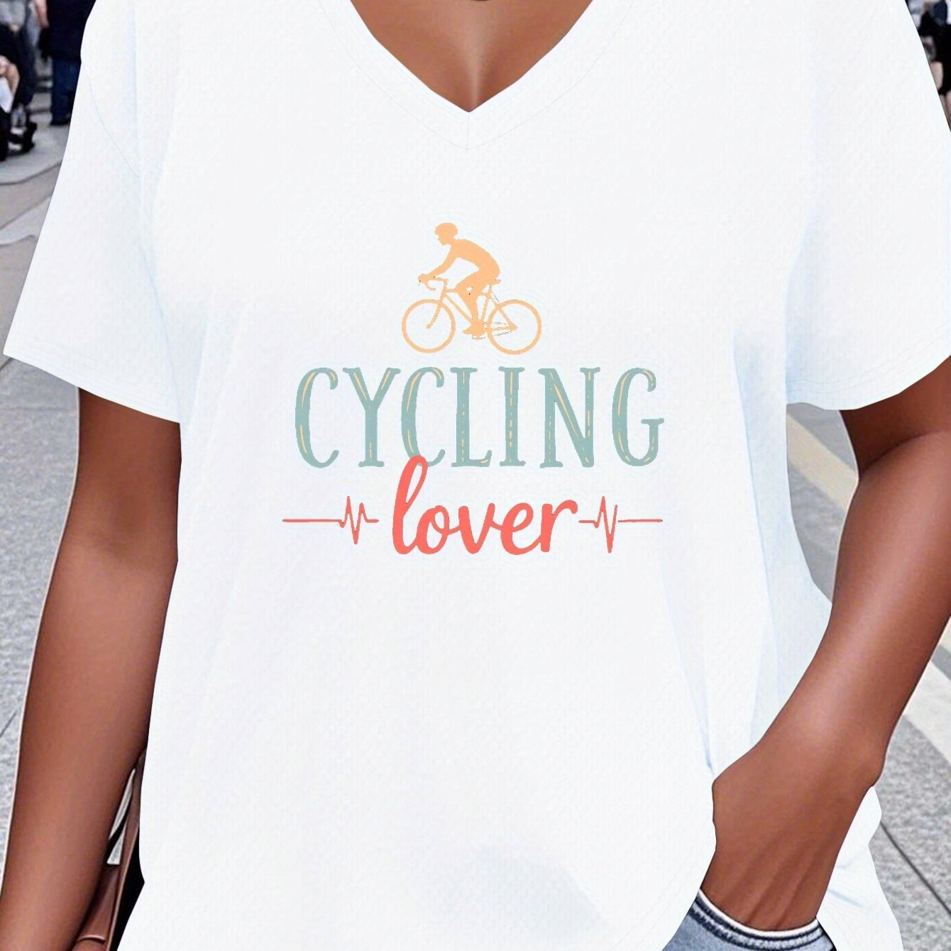 For Big Girls XL-5XL UK (18-26) Plus Size Women's Sporty Cycling Lover Heartbeat Graphic V-Neck T-Shirt - Breathable Fabric, All-Season Comfort, Machine Washable, Cycling Jersey, Leisure Wear, Casual Style, Comfortable Fit, A