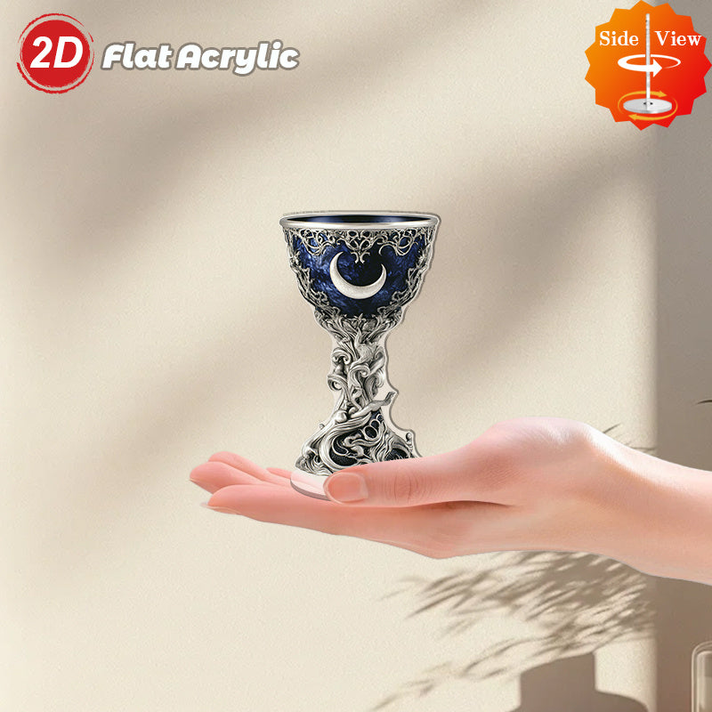 2D Flat Spinning Acrylic Tabletop Decor Featuring A Mystical Chalice Secret Society Sacred Ceremonies with Azure Interior And Silvery Filigree for Enchanting Home Or Office Settings