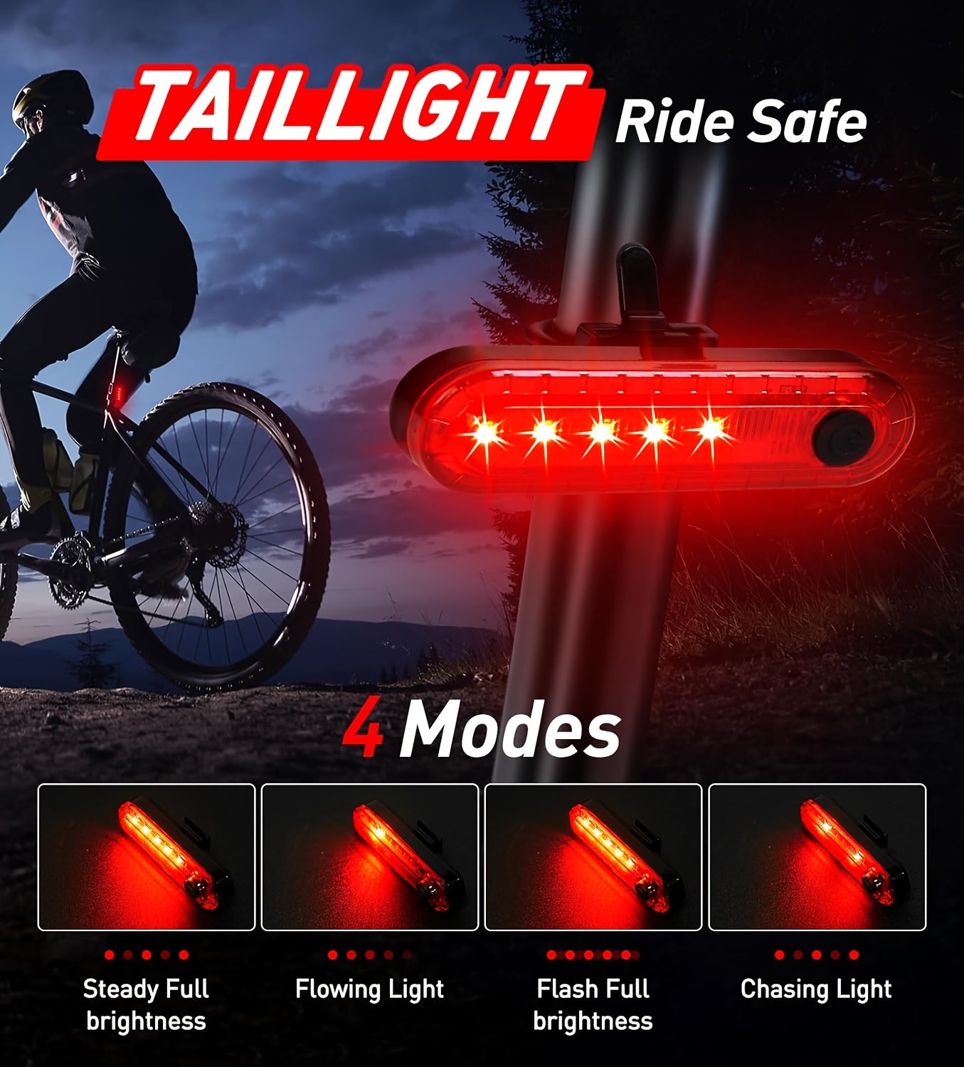 Super Bright USB Rechargeable Bike Light Set - 4-in-1 Smart Sensor, USB/CB-Powered Front & Rear Lights with USB-Powered Charging, Waterproof, Compatible with USB-C/Cigarette Lighter/DC, for Mountain/Road/Commuting/EBike - Lon