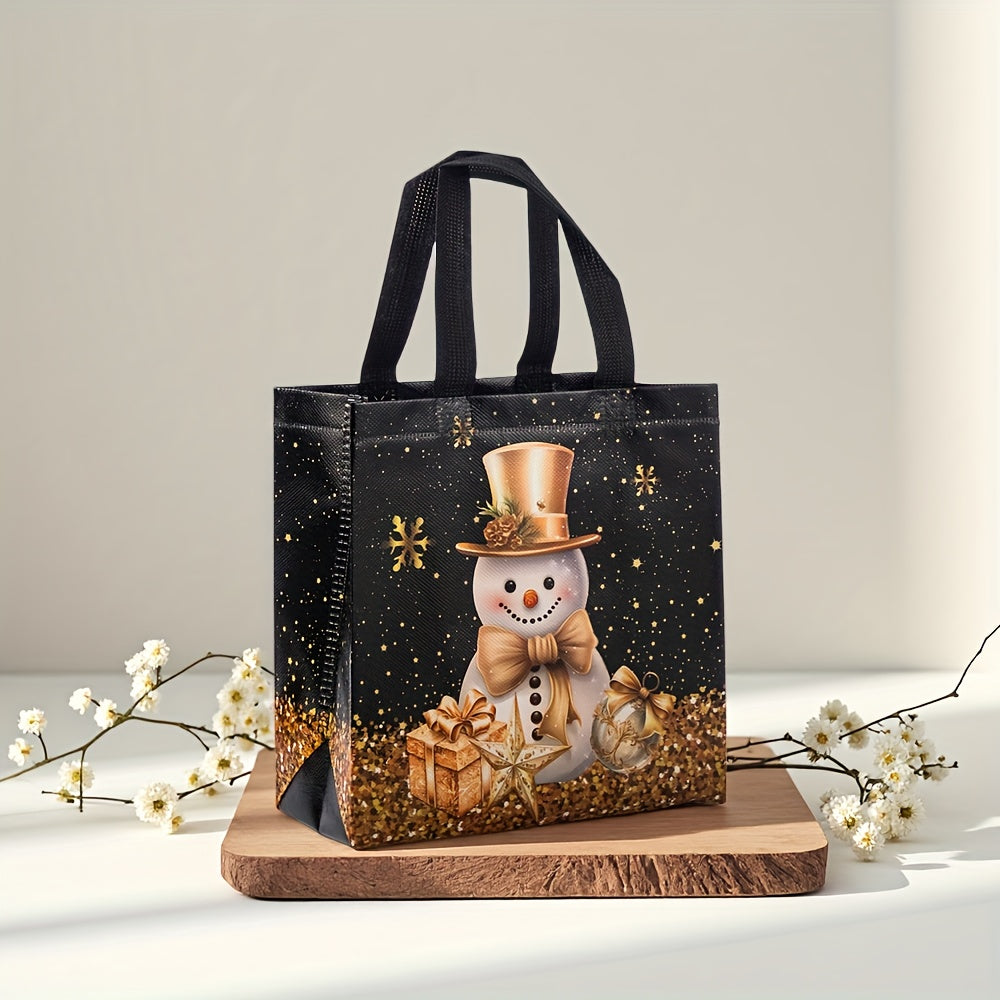 20pcs Festive Christmas Gift Bags - Snowman, Tree & Stocking Design, Black & Golden with Handles, Non-Woven Tote Bags for Holiday Parties, 23*22*11cm, Christmas Gift Bags, Christmas Decorations, Christmas Decor, Christmas Gif
