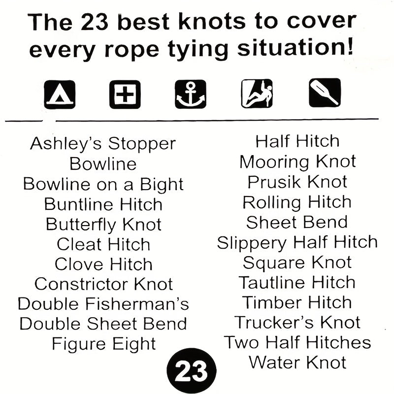 NEW Outdoor Knots Reference Guide - Includes 23 Various Rope Knots, with Mini Storage Clip, Perfect for Wilderness Bushcraft Sports Survival Kit, Kayak Boating, Camping, And Sport Emergencies