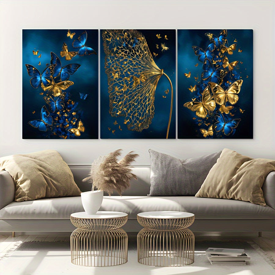 3pcs Navy Blue, Golden & Turquoise Butterfly Canvas Wall Art Set - Modern Abstract Minimalist Wrapped Canvas Paintings with Deep Blue & Golden Hues, Large Wall Decor for Living Room, Bedroom, Bathroom - Indoor Hanging Decorat