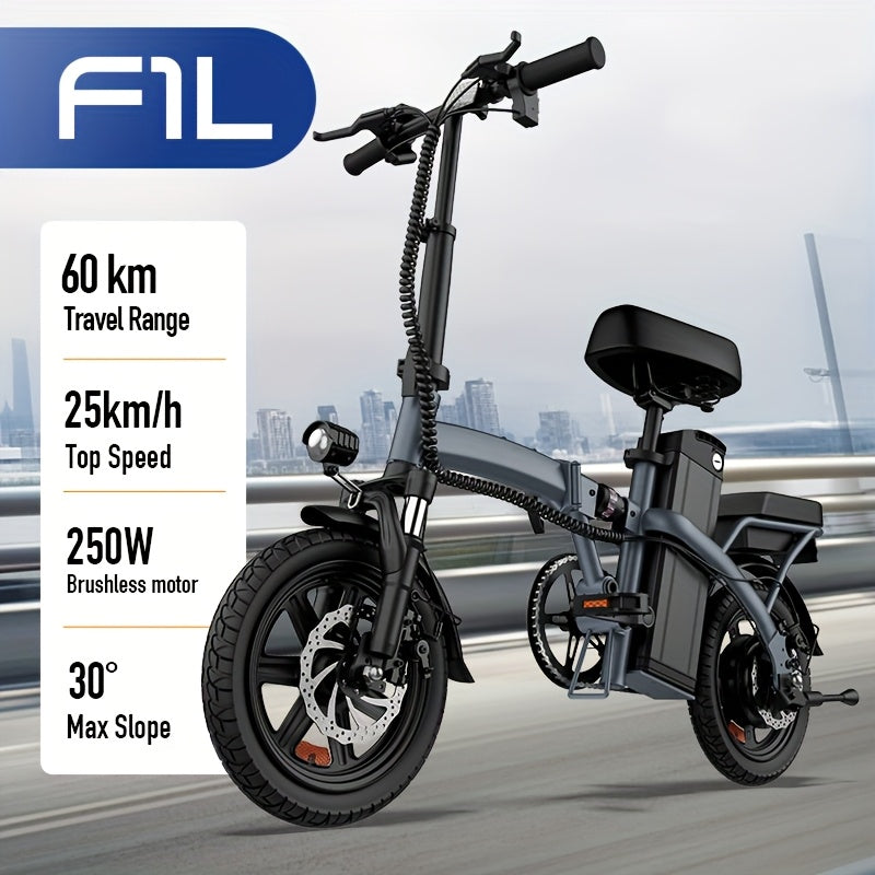 35.56cm Folding E-Bike with 250W Motor & 48V 360Wh Removable Battery - 40-60KM Range, 3 Modes Lightweight Alloy Steel Frame, Disc Brakes, Black Urban Commuter Bike for Men & Women, Foldable Design for Easy Storage, Electric B