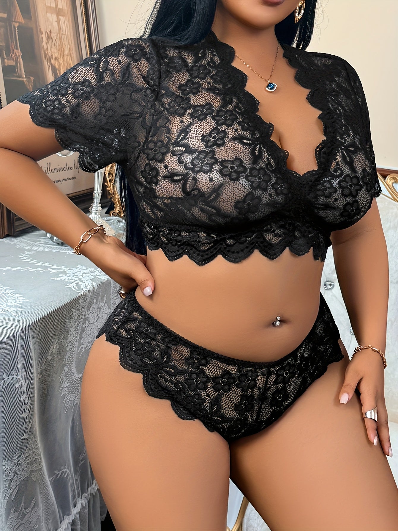 For Curvy Ladies XL-4XL UK (18-24) Plus Size Big Women's Sexy Lingerie Black Set with Lace Patchwork and Sheer Design Sexy Lingerie Clothing Sets
