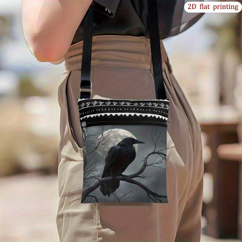 NEW Black Raven Moon Night Crossbody Bag with Adjustable Strap & Zipper Closure - Gothic Moon & Raven Print Handbag, Durable Casual Purse Suitable for Wedding Party Favors, Beach Trips, Daily Use - Stylish Gift for, 2D Flat