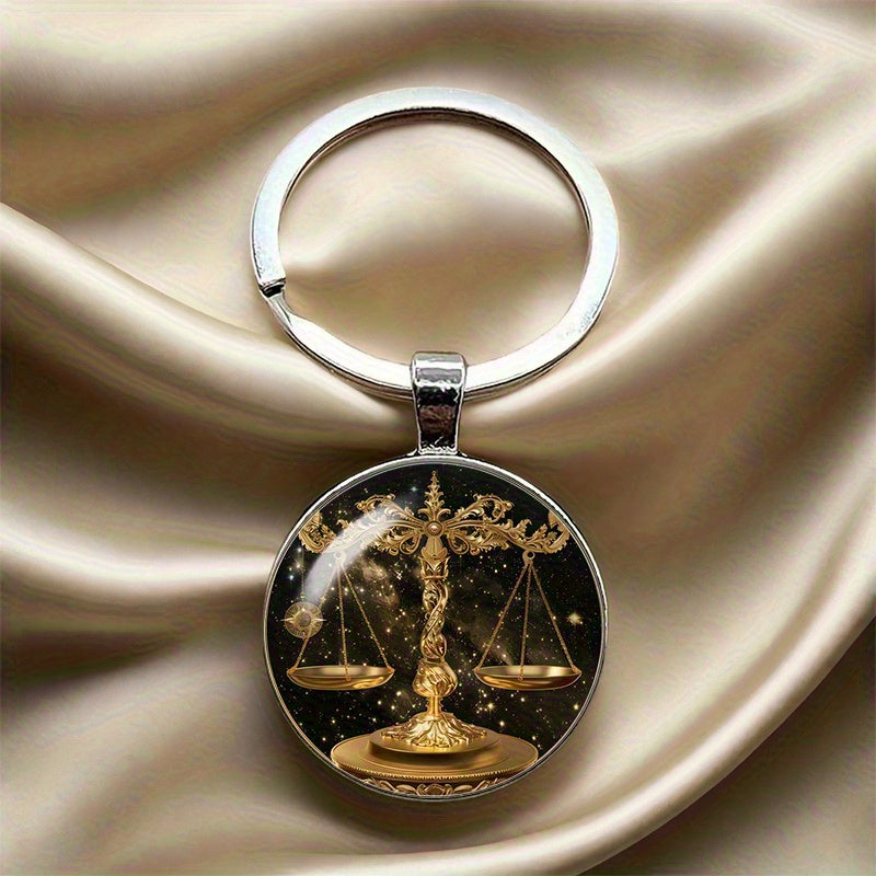 2D Flat, 1pc Libra Zodiac Sign Keychain - Elegant Alloy Libra-Themed Key Ring with Convex Glass Beacon, Durable /Christmas/Valentine's Gift for &, Libra Charm Accessory for Keys or Bags, 2D Flat