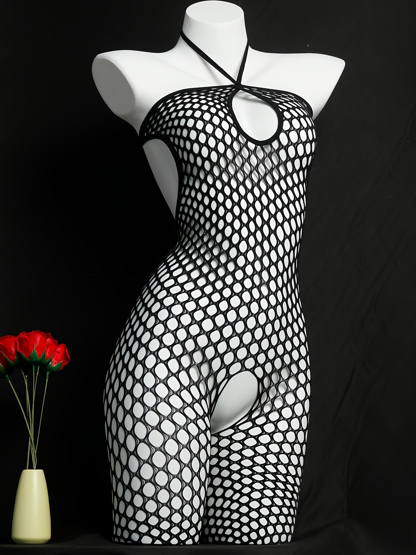 Chic One-Size Black and White Polka Dot Fishnet Swimsuit Sexy High Elasticity