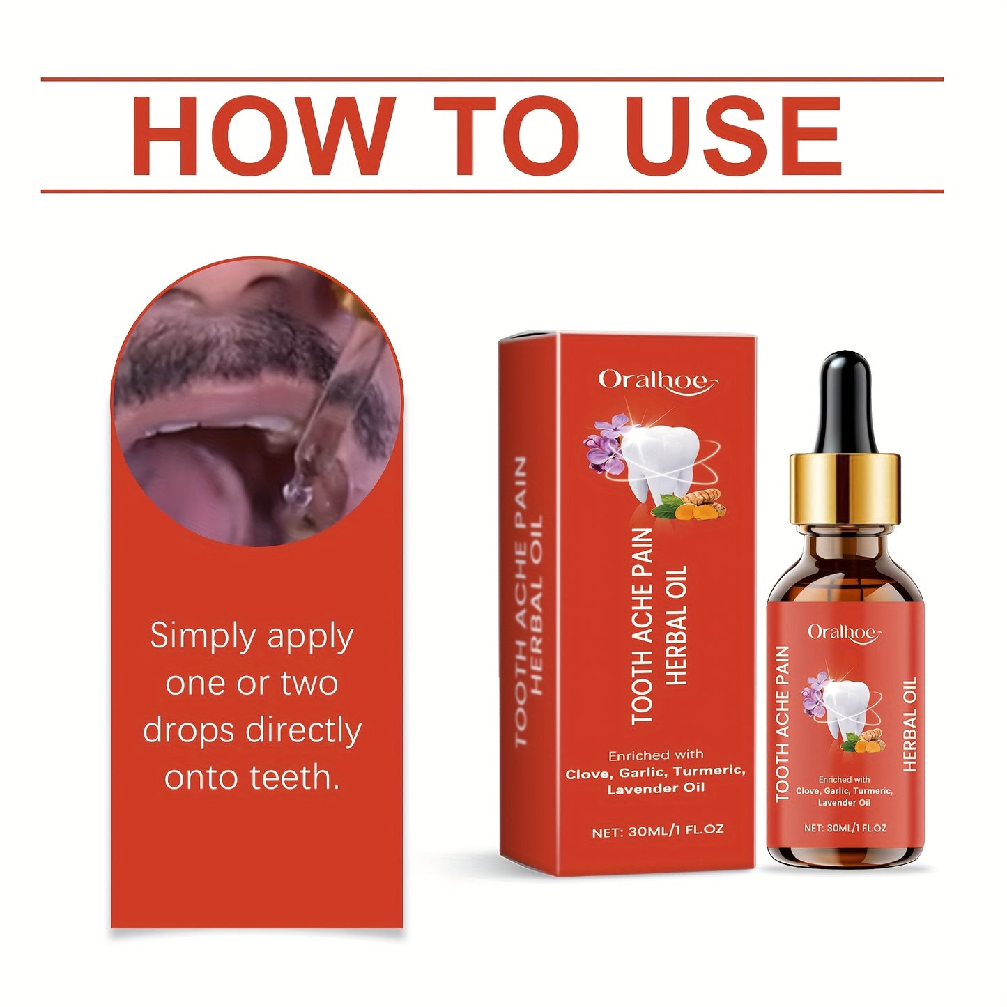 1pc Herbal Dental Care Essence 30ml Contains clove flower oil, garlic root oil, lavender oil and turmeric root oil to gently care for your mouth, teeth and gums, leaving your mouth feeling cool and comfortable with naturally