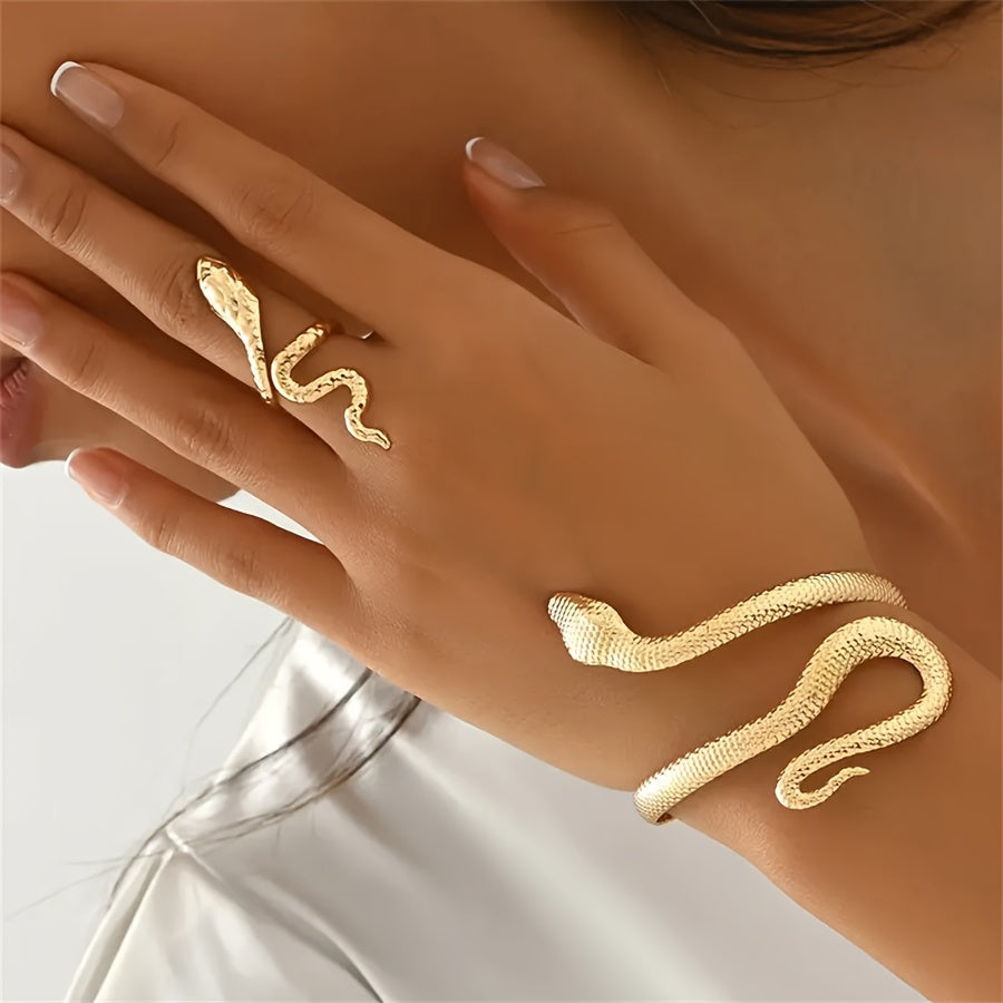 2 PCS Set of Dynamic Snake-Shaped Jewelry for Women, Featuring a Fun Snake-Pattern Bracelet And Ring , Designed with a Golden Plating for a Party- Jewelry Tools Sets