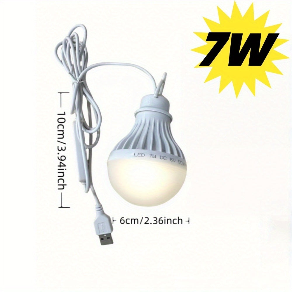 USB Powered LED Bulb with Switch, Portable Camping Light, 3-Color Dimmable Emergency Light with Hanging Hook for Tents, Outdoor, BBQ, Fishing & Repairs