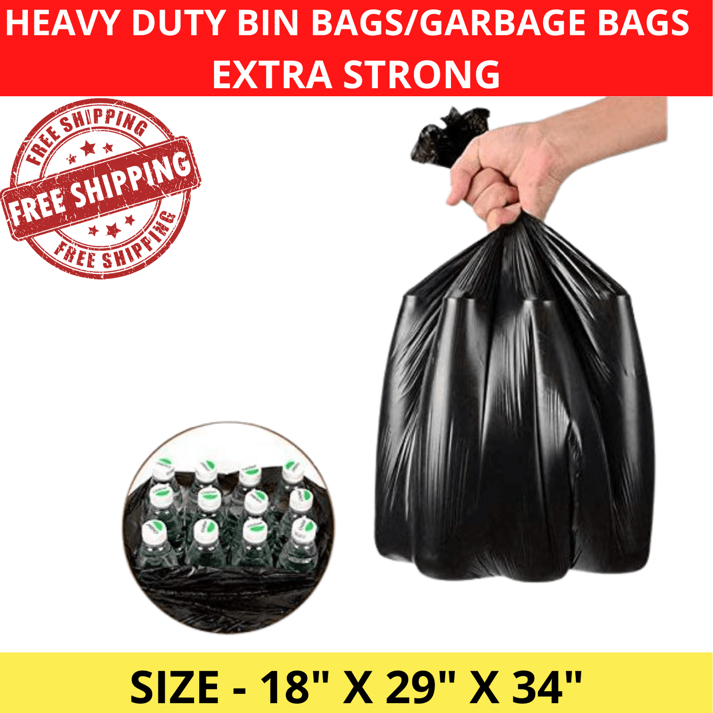100 PCS Set Extra Strong Heavy Duty Black Bin Liners Rubbish Bags Waste Refuse Garbage Sacs Home Office Cleaning Accessories