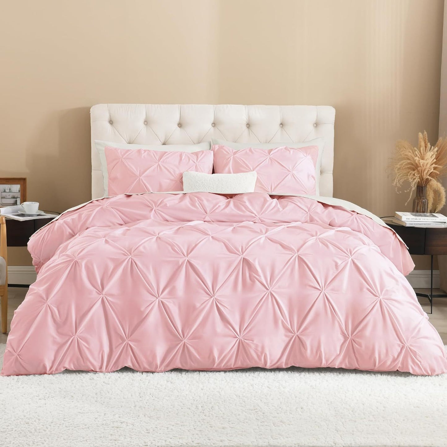 3 PCS Set 5 Colors Charcoal, Pink*Five Star Hotel* Pinch Pleated Luxury High Quality Duvet Cover Set, Soft Pintuck Bedding Sets with Pillowcases