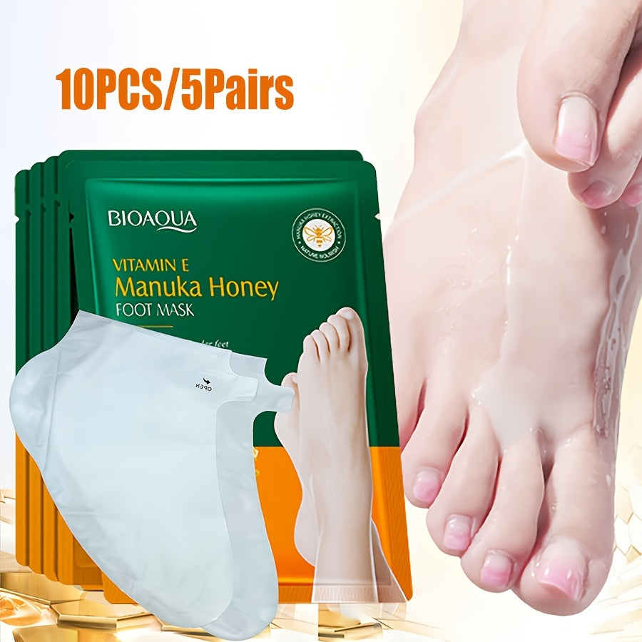10 PCS Set Pack Vitamin E & Manuka Honey Intense Moisturizing Foot Masks for Extremely Dry, Cracked Feet, Winter Skincare, Pedicure Salon & Home Spa Care - Nourishing for Sensitive Light Beige