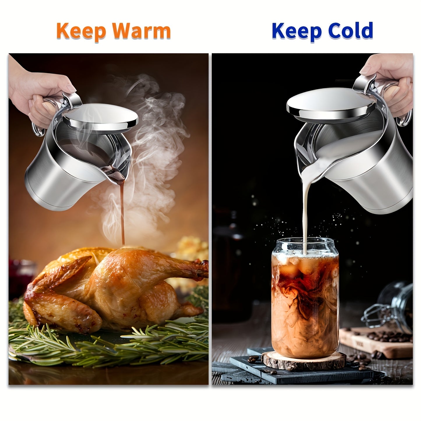 NEW Double Insulated Gray Boat - Stainless Steel Sauce Jug With Hinged Lid, Ideal for Gravy Cream (450ML/16 OZ)