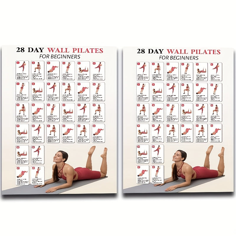 NEW 2 PCS Set 28 Day Wall Pilates for Beginners Yoga Guide with Step-by-Step Illustrations, Ideal for Home, Gym, Studio Decor, Bedroom & Study Room, Beginner Yoga Guide |Educational Wall Art, Pilates Equipment