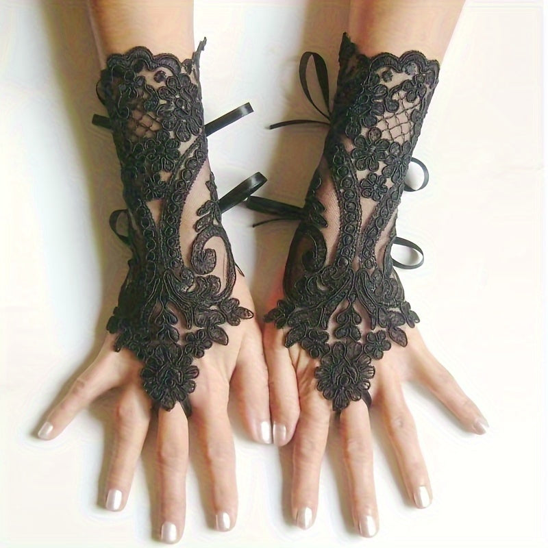 Stylish Black Lace Gloves Without Fingers for Ladies - Featuring Detailed Floral Designs, Flexible Wristbands, And Breathable Material - Perfect for Halloween And Dance Events, for halloween Costumes | Chic Glove Style | Adju