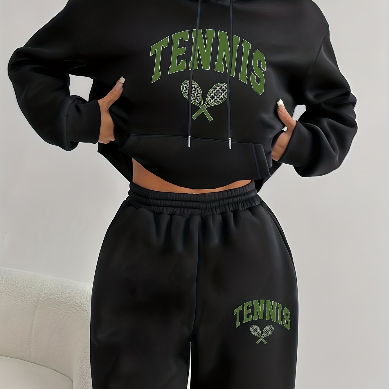 Autumn Winter Women's Casual Sports Two-Piece Set Long Sleeve Hooded Sweatshirt Sweatpants Set Tennis Pattern Lace-Up Pocket Design Simple Versatile Dynamic New Arrival