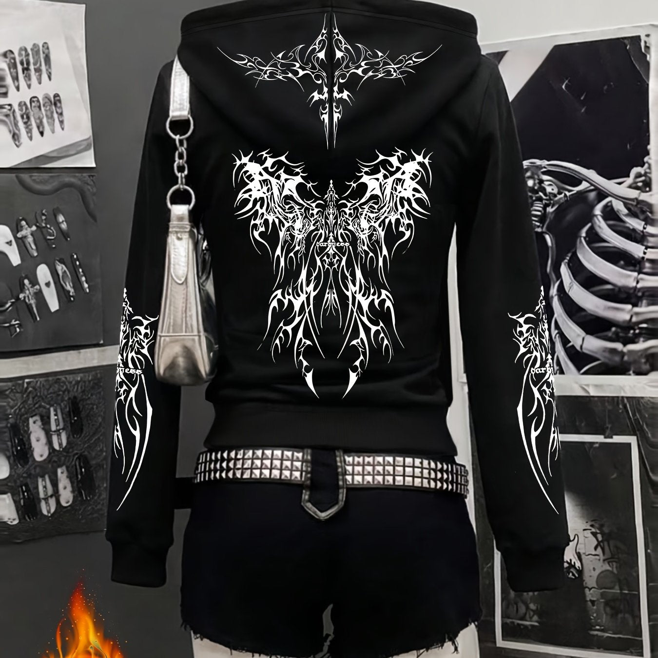 Autumn And Winter Y2K Gothic Style Printed Trendy New Zip Design Thick Plush Black Hooded Zip Jacket, Black Cardigan for a Casual And Relaxed Commuting Look