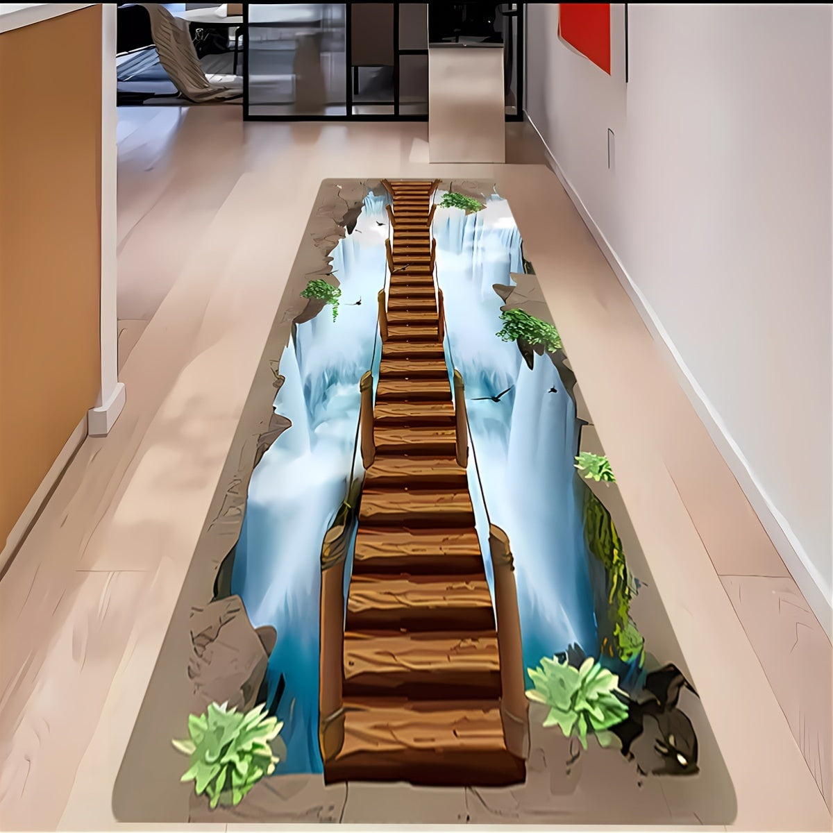 3D Wooden Bridge Carpet Featuring a Cliff Waterfall Landscape Pattern, Machine Washable Rectangular Runner Rug Suitable for Bedroom, Bathroom, Living Room, And Hallway Decor - Lightweight Home Decorative Rug 2D Flat