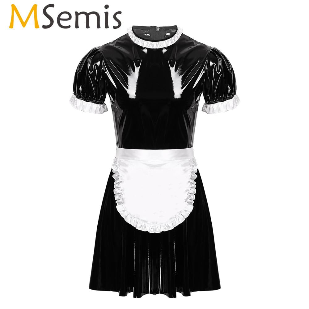 MSemis Men Male Sissy Maid Dress Cosplay Costume Clubwear Short Puff Sleeve Latex Maid Servant Uniform Flared Dress with Apron