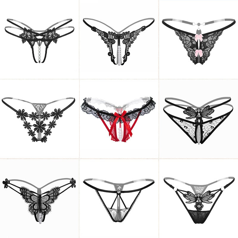 Pearl Massage Sexy Thong Hot Lace Embroidery Transparent Panties Women Sexy Lingerie Low Waist Hollowed Out T-back Femme Tangas