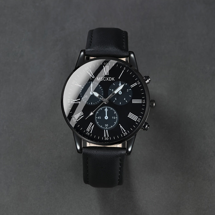 1pc MSCXDK Unisex Watch + 3pcs Accessories, Minimalist Design, Suitable for Formal and Casual Occasions - Black Dial with Roman Numerals, Quartz Movement, Battery-Powered, Affordable Luxury Wristwatch, Slim Design, Sturdy Bra