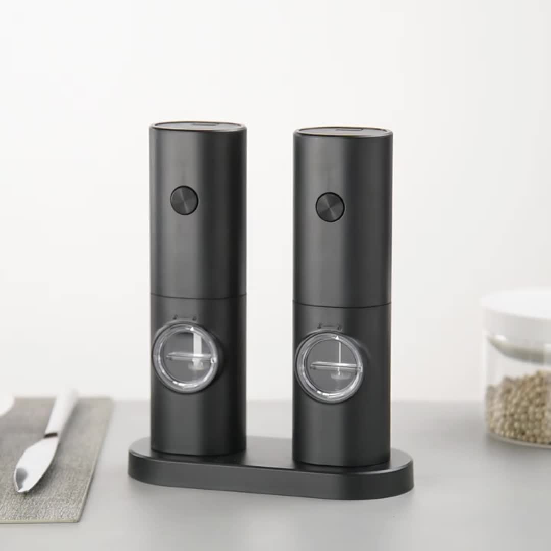 Electric Salt Pepper Grinder, Battery Powered Convenient (Batteries Not Included), Dual-Compartment Design with Base, Practical White LED Light, Coarse and Fine Adjustment, One-Click Operation, Black Durable