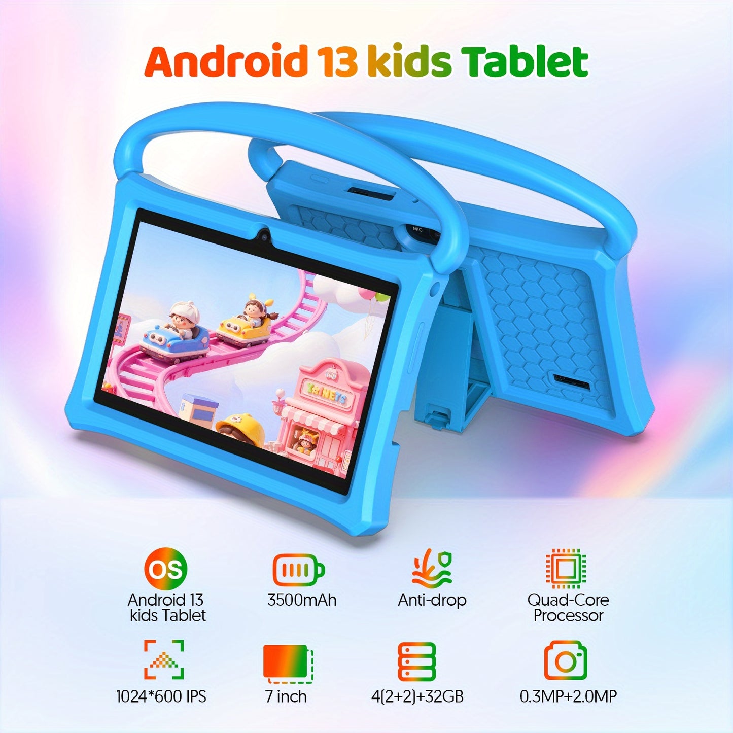Android 13 Tablet, 17.78 cm Kids Tablet, Silicone Case, Quad-core, 7731 CPU, 4GB (2+2GB Memory Expansion) RAM, 32GB ROM, 3500mah, 1024*600 IPS, HD Touch Screen, Kids Learning Machine, Android Tablets