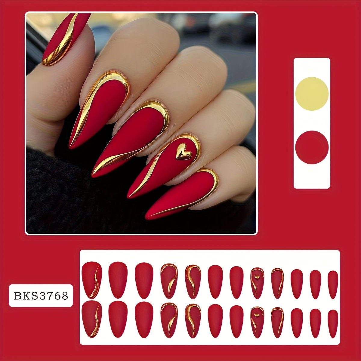 24 PCS Set Red Matte Almond Press-on Nails with Golden Accents & 3D Heart Detail | Perfect for Valentine's Day & Party Looks, Easy to Apply &, ABS Material