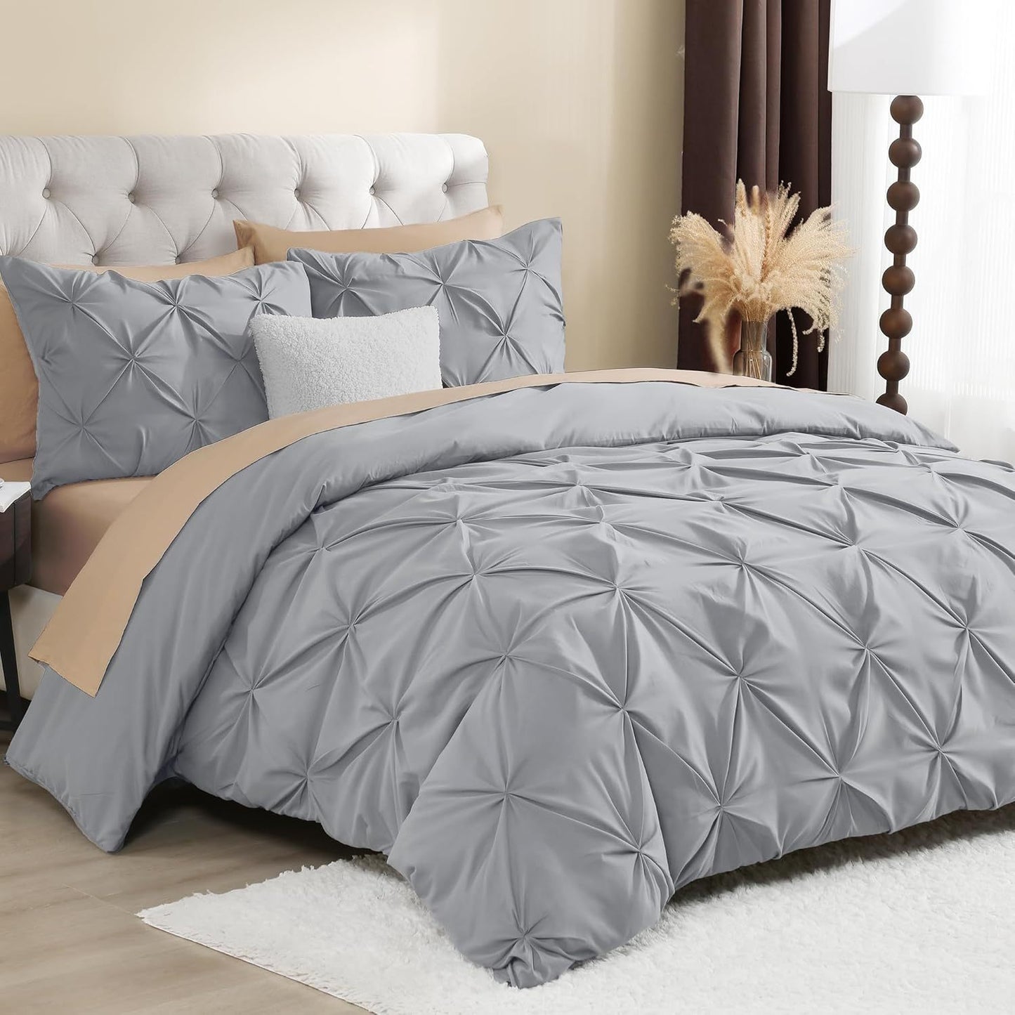 3 PCS Set 5 Colors Charcoal, Pink*Five Star Hotel* Pinch Pleated Luxury High Quality Duvet Cover Set, Soft Pintuck Bedding Sets with Pillowcases