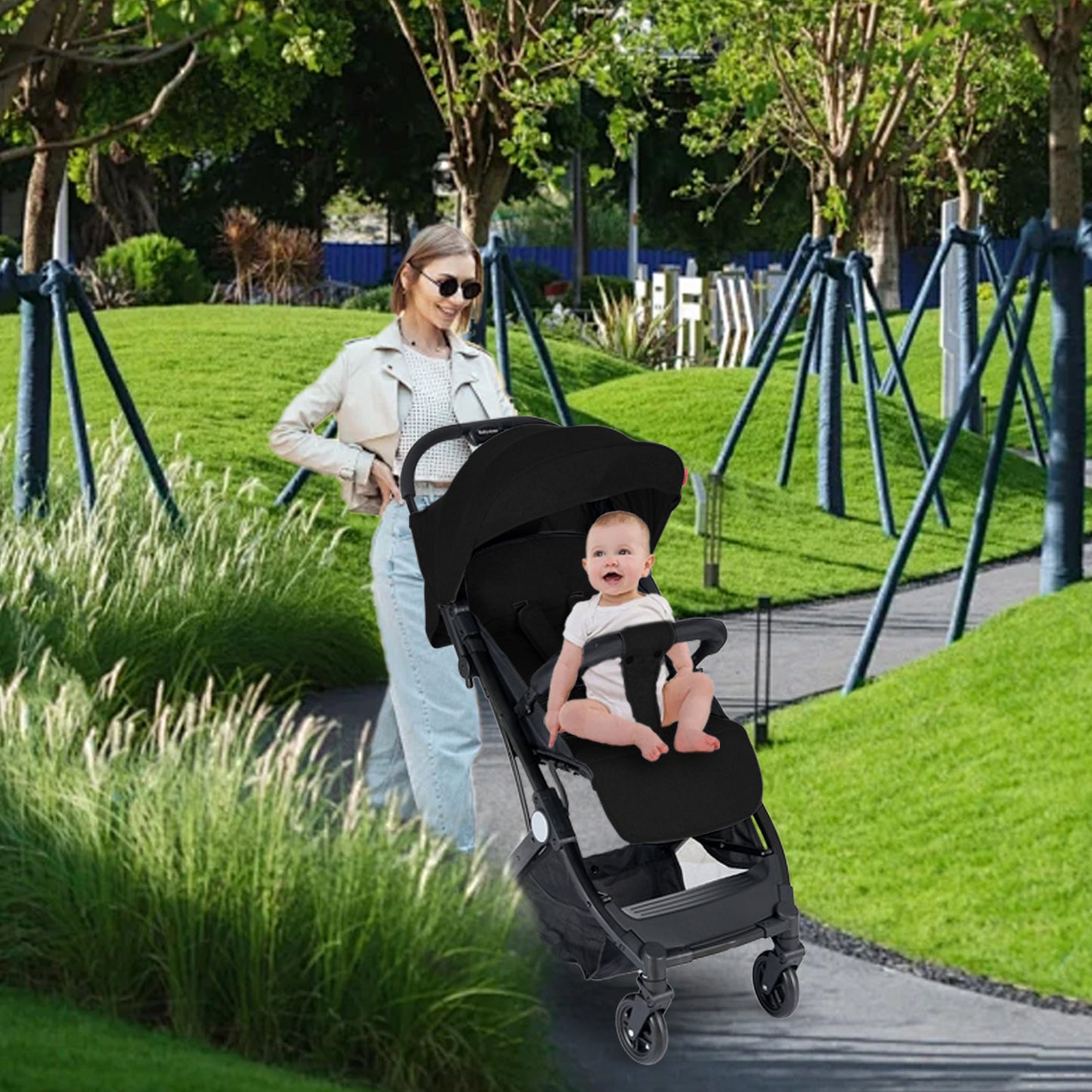 Travel Pram, Lightweight Baby Stroller, Compact Pushchair for Airplane, One Hand Foldable, Buggy with 5-Point Harness