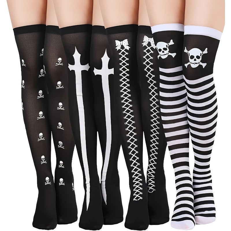 4 Pairs Set of Gothic Thigh-High Stockings Pantyhose Long Socks Featuring Skull Designs for Cosplay