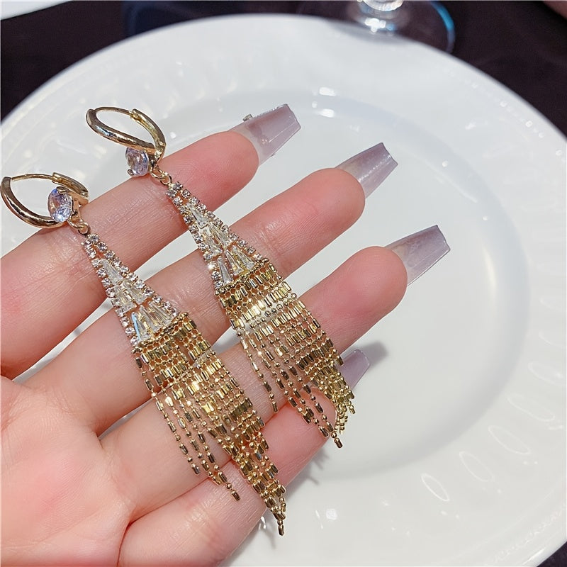 Long, Luxurious Women's Earrings Sparkling with Cubic Zirconia and a Tassel Design Evening Party Jewelry Accessories