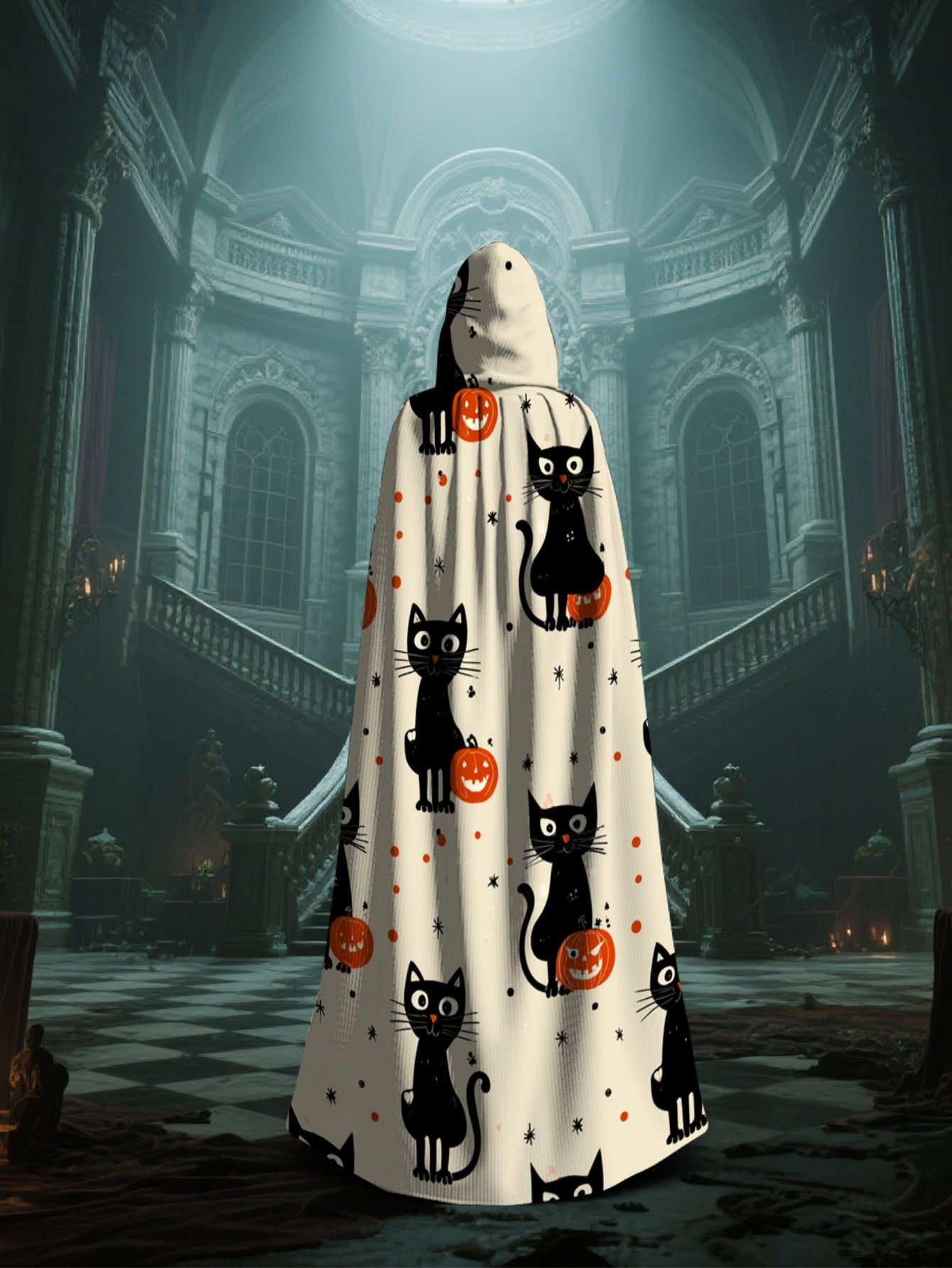 All-Season Witchcraft Halloween Hooded Cape Costume - Black & White Print with Witch Hat, Loose-Fit Witch/ Costume Accessory for, Machine Washable (Halloween Party Outfit, Carnival Cosplay Masquerade)