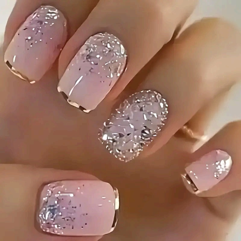 24 PCS Set Upgrade Your Look of Short Square Nail Art Wearable Nails French Style Simple Design Shiny False Nails Extended Removable Nails with Jelly Glue 1 Nail File 1