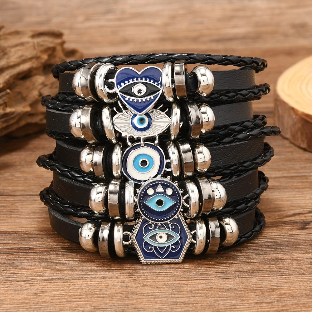 NEW 5 PCS Set of Different Glasses Devil Flower Additions PU Leather Women Girls Men's Hip-Hop Trendy Bracelet Set Adjustable Bracelet