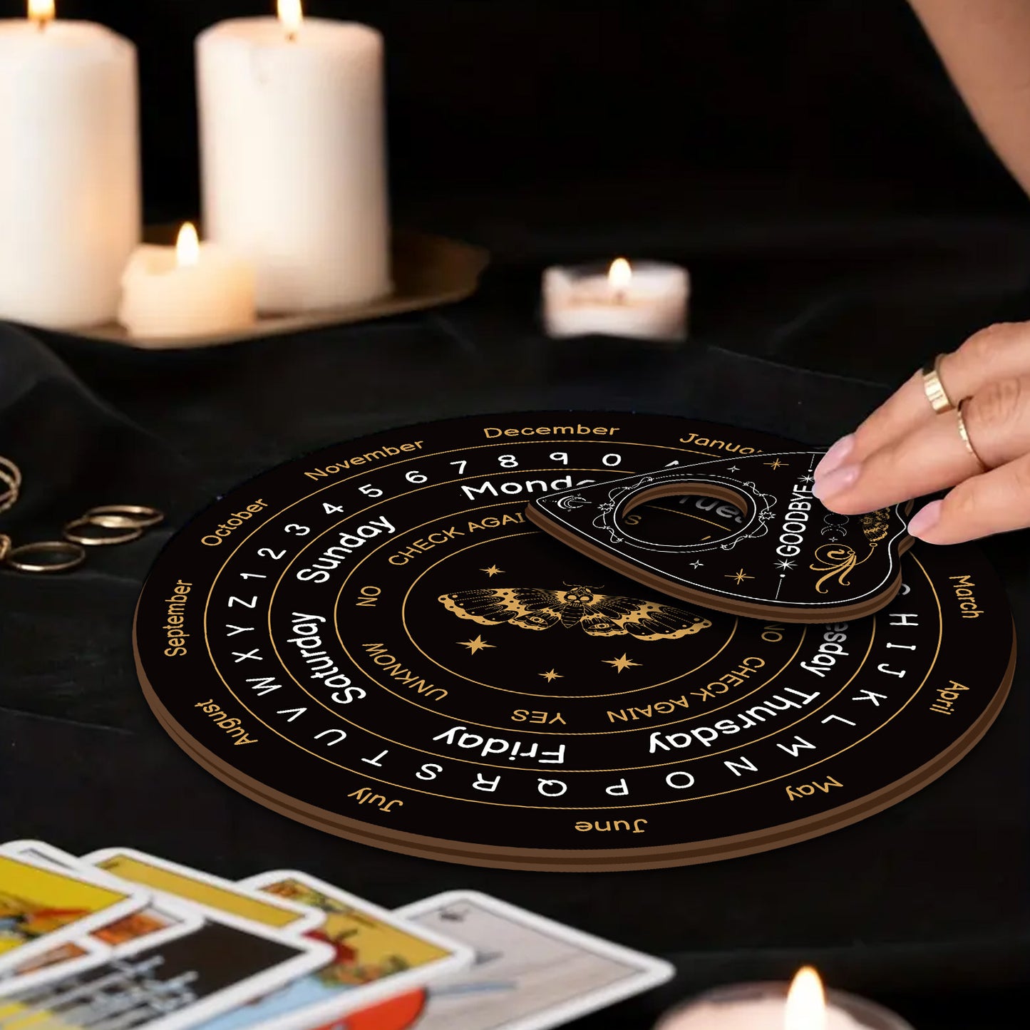 4 PCS Set Wooden Ouija Board Set - Mystical Psychic Device with Butterfly Core, Wooden Tabletop Divination Kit, Mysterious Farmhouse Decor, Suitable for Divination, Meditation, and Fortune Telling. No Batteries Required/Easy